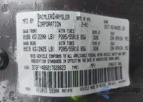 2001 Chrysler Pt Cruiser из США, поврежденный, VIN 3C8FY4BB21T628623